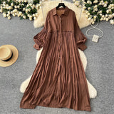 Retro Casual Dress Women's 2025 Spring Folding Lantern Sleeve Casual Loose Single-Dripple Shirt Long