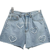 And Cute Hairy Heart Pattern Denim Shorts Women's Summer New High-Waisted Loose Thin Leg