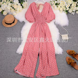 Toloer Summer Women's Wear 2023 New Temperament Wave Point V Neck Show High Waist Casual Wide Leg Jumpsuit