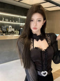 Shirts Women Lace Patchwork Hollow Out Long Sleeve Winter Fashion Slim Crop Tops Female Blouse French Style Chic-Outfit