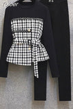 Female Casual Top Elastic High Waist Pants Two Piece Suit Patchwork Black Pullover Tops Solid Long Pant Set Autumn