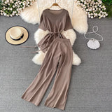 Suit Goddess Fan Irregularly Round Neck Knitted Top Two Sets Of High-Rise Thin Broad Leg