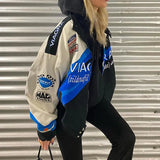 Print Loose Baseball Jackets Women 2022 Casual Blue Long Sleeve Sports Coat Spring Autumn Female Streetwear Zipper Bomber