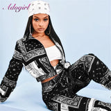 Bandana Print Two Piece Set Causal Paisley Print Long Sleeve Zippers Short Jacket Tops Jogger Pants Suit Outfit Street