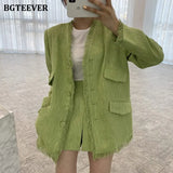 Vintage Ladies 2 Pieces Blazer Set V-Neck Single-Breasted Tassels Jackets & High Waist Skirt Shorts Women Skirt