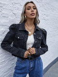 Spring And Autumn Women's Palace Style Fashion Lapel Puff Sleeve Casual Short Denim