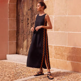 Spring And Summer New Casual Fashion Sleeveless Rounded Collar Solid Color Splicing Lace Fork In The Long Dress