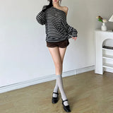 Toloer 2024 New Women's Commuter Unique Cut Diagonal Collar Off-Shoulder Striped Long Sleeve Top-Outfit