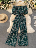 Women Jumpsuit Rompers Summer Casual Floral Print Off Shoulder Ruffles Lace-up Sashes Wide Leg Holidays Loose