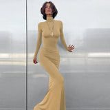 Toloer Autumn Winter Hot Girl High Collar Long Sleeve Collect Purse Hip Sexy Slim Fishtail Dress Women's Clothing-Outfit