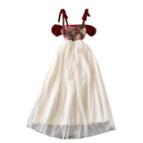 Retro Niche Design Embroidered Sling Dress La Liga Women's Clothing Waist Thin Net Yarn Long