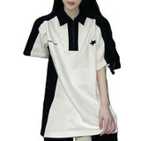 Toloer Short Sleeve T-Shirt Women's Summer Color Splicing Lapel Logo Joker Top Half Sleeve Casual T-Shirt Ins-Outfit