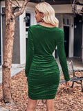 Toloer Women's New Elegant Solid Color Swing Collar Long Sleeve Pink Velvet Dress Women's Dress-Outfit