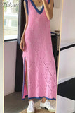 Fashion Pink Knit Hollow Out Dress Summer New Women Sexy Sleeveless V-Neck Long Knitting
