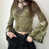 Toloer Print Tie-Dye Color Long-Sleeved T-Shirt New V-Neck Y2K Crop Top-Outfit