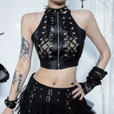 Summer New Sexy Hollowed-Out Navel Blouse Dark Style Personality Beer Buckle Strapped Vest Women's Dress-Outfit