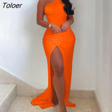 Summer Elegant Solid One Shoulder High Split Thigh Ruched Maxi Floor Dress White Sexy Corset Asymmetric Party Robes