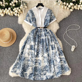 Court Style High-End Short-Sleeved Printed Dress Woman Waist Design Minority Chic Super Immortal Temperament Long Dress-Outfit