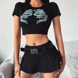 Toloer Women's Hot Selling China Wind Dragon Print Crop Cotton Short-Sleeved T-Shirt Versatile-Outfit