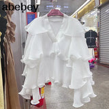 Striped Patchwork Ruffle Blouse For Women V Neck Long Sleeve Elegant Shirt Female Fashion Clothing