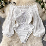 Hollow Women Rompers Puff Sleeve Slash Neck Sexy Slim Jumpsuits Autumn Korean Off Shoulder Short Bodysuit
