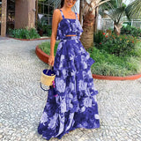 Toloer Spot 2024 Women's Fashion Holiday Wind Strap Top Print Flounce Skirt Two-Piece Set-Outfit