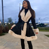 PU Leather Jackets Women Fashion Tie Belt Waist Coats Women Elegant Side Pockets Faux Fur Long Jackets Female