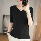 Toloer The Summer Of 2024, Women's Knit Short Sleeve Korean V-Neck Solid Color T-Shirt And A Pit Top-Outfit