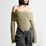 Toloer 2024 New Fashion Temperament One Word Shoulder Slim Slim Long-Sleeved Sweater Women's Solid Color Back Sweater-Outfit