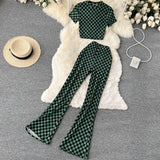 Summer Women Fashion Retro Plaid Set Short Sleeve Slim Short Tops+High Waist Long Flared Pants Two Piece