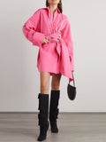 Toloer Casual Pink Shirt 2024 Spring New Design Sense Big Waist Buckle Decoration In The Long Versatile Shirt Woman-Outfit