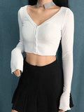Ribbed Long Sleeve Button Crop Top-Outfit