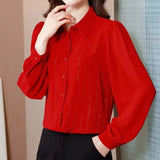 for Women Elegant 2023 Spring Summer Turn-down Collar Long Sleeve Solid Chiffon Button Shirt Casual Fashion Tops-Outfit