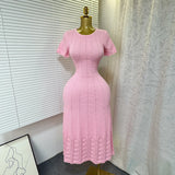 New Elegant Round Neck Nails Hollow Slimming Temperament Short-Sleeved Knitted Dress