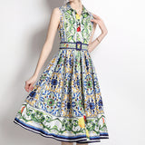 New Court Style Sleeveless Collar To The Waist Showing Thin Sweet Gas Print In The Long Dress