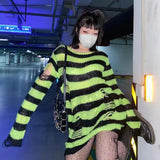 Toloer Long Punk Dark Match Broken Hole Torn Sweater Female Couple Striped Loose Niche Knit Woman-Outfit