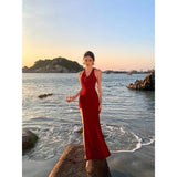 High-End Red V-Neck Hanging Neck Sling Dress Women Feel Forked And Hip Dress Seaside Holiday