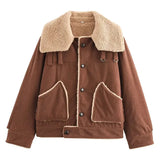 Corduroy Turn-down Collar Fur Lining Jacket-Outfit