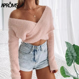 Aproms Pink Fluffy Knitted Sweater Women Autumn Winter V-neck Wrap Front Basic Cropped Pullovers Fashion Outerwear Jumper