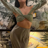 Green Sequin Bandage Crop Top-Outfit