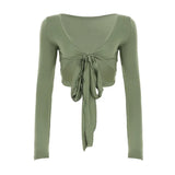 2025 New Fashion Spice Girls Solid Color Sexy V Tie With Supple Short-Anxed Long-Sleeved Shirt