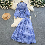 Temperament Two Sets Of Female High-Grade Style Straps To The Waist Lantern Sleeve Print Chiffon Top + High Waist