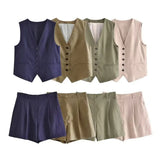 Toloer 2023 Summer V-Neck Solid Color Single Breasted Vest High Waist Wide-Leg Pants Shorts Set 9ZS2251-Outfit