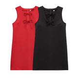 V-Neck Solid Color Short Dress 2025 Spring Set Head Bow Ornamental Female