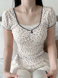 Sweet Cute Lace Trim Floral T Shirt Sexy Slim Patchwork Square Collar Short Sleeve Tees Women 2024 Summer Fashion Ladies-Outfit