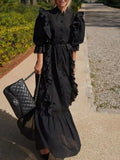 Ruffle Trim White Dress For Women V Neck Lantern Sleeve High Waist Cut Out Solid Ankle Length Dresses Female