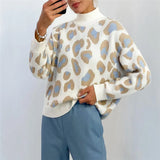 Turtleneck Thick Sweater Women Print Leopard Pullover Women's Sweater Basic Tops Loose Jumper Vintage Sweaters