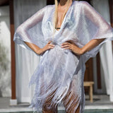 Women's Sunscreen Gold And Silver Ribbon Cuffed Fork Shawl Beach