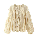 Decoration Fashion V-Neck Long-Sleeved Shirt 2025 Spring And Summer Thin Single-Dbutton Loose Top