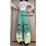 Mm Dopamine Wearing Gradient Love Straps With Ripped Jeans Women's Large Size Loose Thin Broad Leg